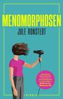 Text: "MENOMORPHOSEN", "JULE RONSTEDT", Zitat über Frauen. Illustration: Frau mit Föhn, Haare wehen, türkisfarbener Hintergrund.