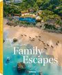 "Family Escapes", "teNeues". Strand, Pferde, türkisfarbenes Wasser, Palmen, Resort mit gelben Sonnenschirmen.