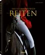 "Das ultimative Buch Reiten", Alena Brandt. Ein Reiter in rotem Jackett auf schwarzem Pferd, Verlag teNeues.