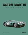 ASTON MARTIN MILESTONES, ROLAND LÖWISCH, teNeues. Ein klassischer, grüner Rennwagen auf grünem Hintergrund.