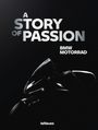 Text: "A Story of Passion" und "BMW Motorrad". Schwarzer Hintergrund mit stilisiertem Motorrad in dunklem Licht.
