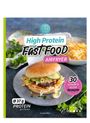 "High Protein Fast Food AIRFRYER", "Ø 37g PROTEIN pro Portion". Ein Burger mit Gemüse auf einem Teller, frische Kräuter.