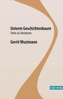 Titel: "Unterm Geschichtenbaum: Texte zu Literaturen" von Gerrit Wustmann. Beige Hintergrund, braune Wellenform, logo sujet verlag.