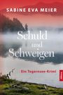 "Schuld und Schweigen. Ein Tegernsee-Krimi." Nebelverhangener See mit Bäumen, düstere, rot getönte Atmosphäre.