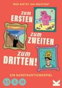 "Wer bietet am meisten? Zum Ersten, Zweiten, Dritten! Ein Kunstauktionsspiel." Drei gerahmte, bunte Illustrationen.