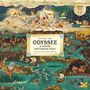 Text: "Die Welt der Odyssee & andere griechische Sagen. Ein Puzzle von Adam Simpson." Illustrationen der Odyssee.
