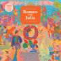 "Die Welt von Romeo und Julia, Ein Puzzle von Anna Higgie" steht zentral. Buntes, detailliertes Gemälde mit mittelalterlichen Figuren.