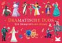 "Dramatische Duos: Ein Shakespeare-Memo" in goldener Schrift auf rotem Hintergrund, mit bunten Shakespeare-Figuren.