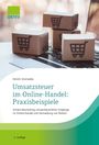 „Umsatzsteuer im Online-Handel: Praxisbeispiele“. Kleinere Kartons mit Einkaufssymbol auf Laptop. DATEV-Logo oben links.