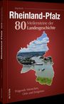 „Rheinland-Pfalz: 80 Meilensteine der Landesgeschichte.“ Bildausschnitt einer Landschaft mit Fluss, umrandet von Kartenkontur.