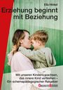Erziehung beginnt mit Beziehung. Eine Frau und ein Kind umarmen sich liebevoll vor einem grünen Holzhintergrund.