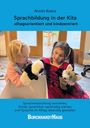 Buchtitel: "Sprachbildung in der Kita". Zwei Kinder spielen verkleidet mit Handpuppen in einem Raum.