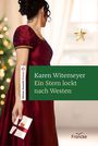 Text: "Karen Witemeyer Ein Stern lockt nach Westen" - Frau in rotem Kleid mit Geschenk, goldener Stern, weihnachtlich.