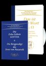 Zwei religiöse Buchcover: Blaues Buch mit „Die Zehn Gebote GOTTES & Die Bergpredigt“ und weißes Buch mit „Das Ewige Wort“.