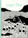 Text: "Langer Atem." Schwarz-weiße Illustration von Frauen im Wasser, die Körbe und Netze tragen.