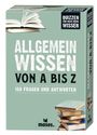 Karton für ein Quizspiel. Titel: "Allgemeinwissen von A bis Z". Inklusive 150 Fragen. Abgebildet sind Bücherstapel und ein Logo.