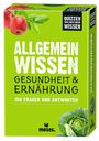 "ALLGEMEINWISSEN GESUNDHEIT & ERNÄHRUNG 150 FRAGEN UND ANTWORTEN" auf einer grünen Schachtel mit Obst und Gemüse.