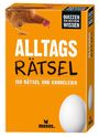 "Alltagsrätsel: 150 Rätsel und Knobeleien". Ein Huhn oben links und ein Ei unten rechts auf orangefarbenem Hintergrund.
