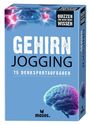 „GEHIRN JOGGING“, „75 DENKSPORTAUFGABEN“, „QUIZZEN UND NOCH MEHR WISSEN“. Illustration eines leuchtenden Gehirns.