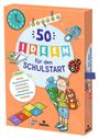 "50 Ideen für den Schulstart. Fördert: Sprache, Mengenverständnis, Konzentration, Geschicklichkeit, Beweglichkeit, Gefühlswahrnehmung, Kreativität." Ein Junge mit Schultüte, Uhr, Zahlen und Lernsymbole.