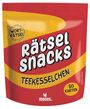 "WORTRÄTSEL", "Rätsel Snacks", "TEEKESSELCHEN", "50 KARTEN". Gelb-rotes Verpackungsdesign mit "moses." Logo.