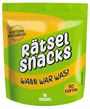 Text: "Sortiere Ereignisse. Rätsel Snacks. Wann war was? 50 Karten." Verpackung in Grün und Gelb mit Logo unten.