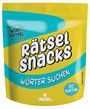 Verpackung in Gelb und Blau. Texte: "WORT-RÄTSEL," "Rätsel Snacks," "WÖRTER SUCHEN," "50 KARTEN," und "moses."