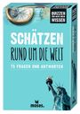"Schätzen rund um die Welt. 75 Fragen und Antworten." Oben eine Kompassdarstellung, unten die Freiheitsstatue.