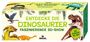 "ENTDECKE DIE DINOSAURIER - FASZINIERENDE 3D-SHOW", zeigt bunte Dinosaurier-Illustrationen und eine Brille.