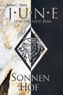 Text: "Jorina C. Havet", "J.U.N.E und die Reise zum Sonnenhof". Illustration: Wolf in geometrischem Muster, goldene Textur.