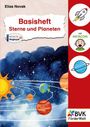 „Basishheft Sterne und Planeten“ steht auf einer Illustration des Sonnensystems. Rakete, Gesicht und Planet als Symbole.