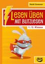 Text: "Lesen üben mit Blitzlesen 1./2. Klasse" von Heidi Sommer. Illustration: Ein Hase mit Maske und Umhang. BVK-Logo.
