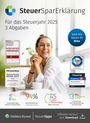 „SteuerSparErklärung für das Steuerjahr 2025, 3 Abgaben.“ Frau lächelt, diverse Bewertungen und Logos.