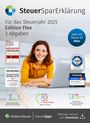 SteuerSparErklärung 2025. Edition Flex. Jetzt mit Steuer-KI Alma. TÜV SÜD geprüft. Frau lächelnd am Laptop.