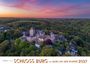 Text: "Schloss Burg und Burg an der Wupper 2027." Eine große Burganlage umgeben von üppigem Wald im Sonnenuntergang.