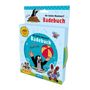 "Der kleine Maulwurf Badebuch" steht mehrfach auf der Verpackung. Eine Illustration zeigt den Maulwurf mit einem Ball im Wasser.