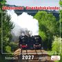 „Sächsischer Eisenbahnkalender 2027, historisch aktuell + eine Bonuskarte“. Zwei Dampfloks auf Bahngleisen im Grünen.