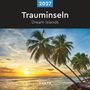 Beschriftung: 2027, Trauminseln, Dream Islands, KUNTH. Palmen am Strand bei Sonnenuntergang, ruhiges Wasser und bunter Himmel.