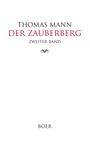Text: "THOMAS MANN, DER ZAUBERBERG, ZWEITER BAND, BOER". Minimalistisches Design mit dezentem Ornament.