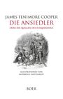 "Die Ansiedler", Illustration: Drei Männer in Waldkleidung mit Jagdausrüstung stehen bei erlegtem Wild.