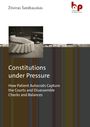 Titel: "Constitutions under Pressure". Dominosteine, eine Waage und Richterhammer im Hintergrund.