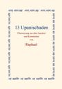 "13 Upanischaden. Übersetzung aus dem Sanskrit und Kommentar von Raphael." Umrahmt von blauen Sanskrit-Zeichen.