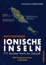 Titel: "BUCHTENFINDER IONISCHE INSELN". Beschreibung: Satellitenbild von Paxos und Antipaxos. Orte und Infos markiert. Autor: Thomas Käsbohrer.