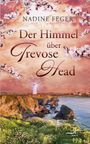 "NADINE FEGER", "Der Himmel über Trevose Head". Ein Leuchtturm vor Klippen, rosa Himmel und blühende Kirschzweige.