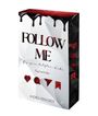 "FOLLOW ME: Bis zum letzten Like. Psychothriller. Andrea Reinhardt." Schwarze Tropfen, rote Symbole wie Herz und Pfeil.