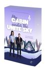 "My Cabin under the Unite Sky", Ela Bloom, Maya Pinsel. Zwei stilisierte Männer vor einer Hütte im Wald, lila Himmel.