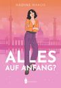 Text: "NADINE NAKOS", "ALLES AUF ANFANG?", Logo: "WREADERS". Illustration: Frau mit verschränkten Armen vor Stadt.