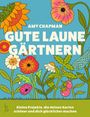 „AMY CHAPMAN GUTE LAUNE GÄRTNERN.“ Illustration bunter Blumen und Pflanzen auf blauem Hintergrund.