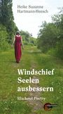 "Heike Suzanne Hartmann-Heesch. Windschief Seelen ausbessern. Blackout Poetry." Frau in rot auf grünem Pfad. Logo mit Text unten.