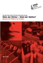 Texte: "Wahl der Wörter – Wahl der Waffen? Sprache und Politik in der Schweiz." Rote und graue Töne mit Mikrofonen und Personen.